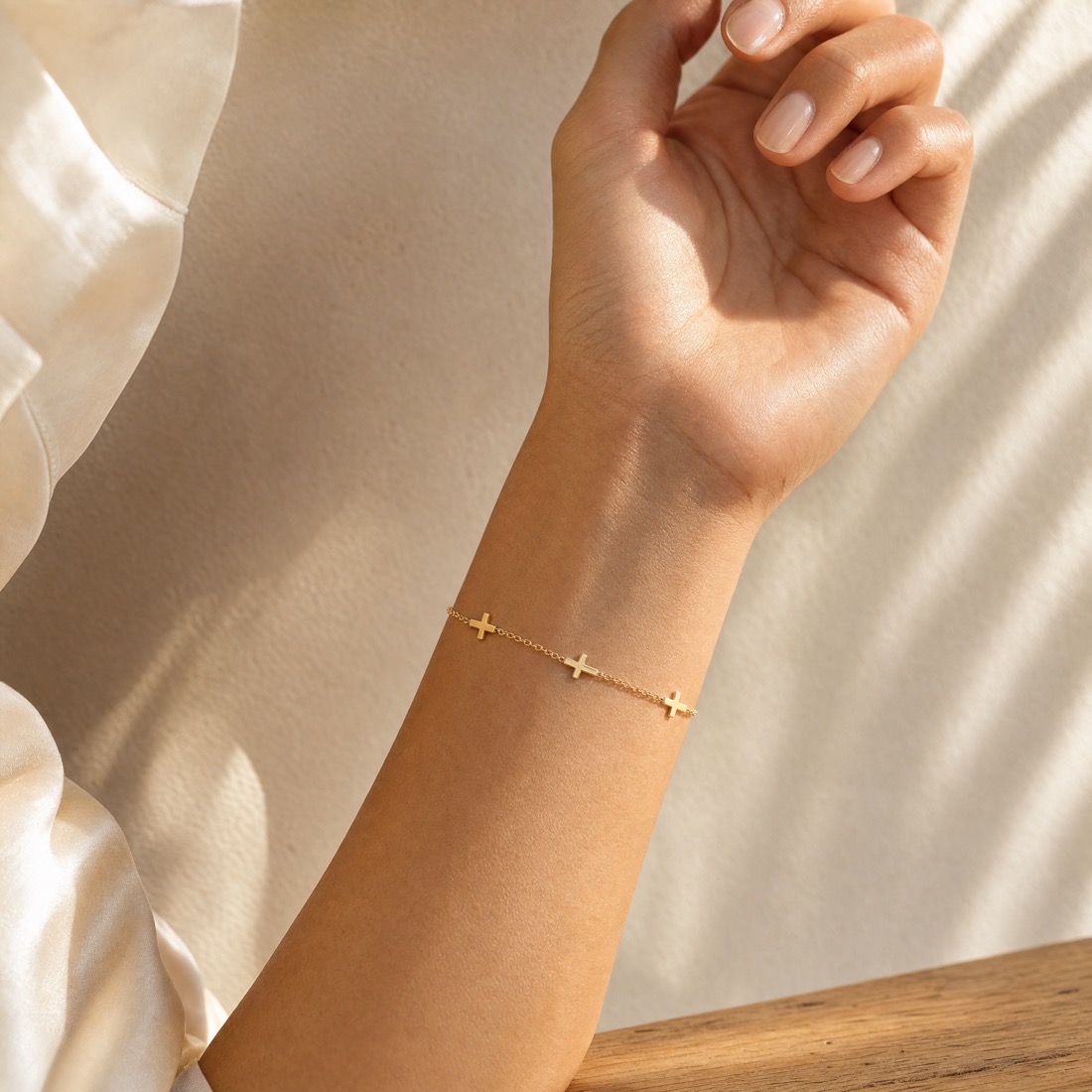 Worn on the wrist, sunlit